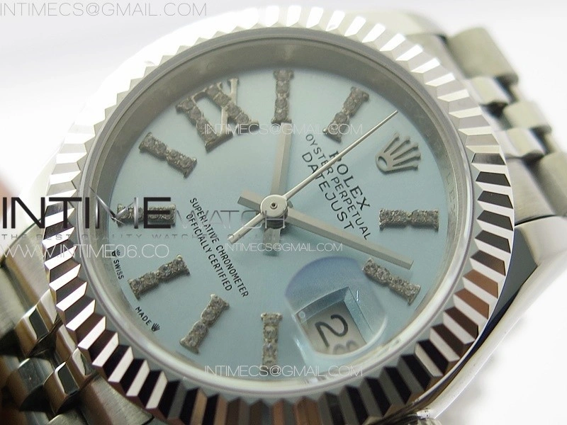 Datejust 28mm 279179 SS APSF Best Edition Ice Blue Dial Sticks Crystals Markers on SS Jubilee Bracelet NH05