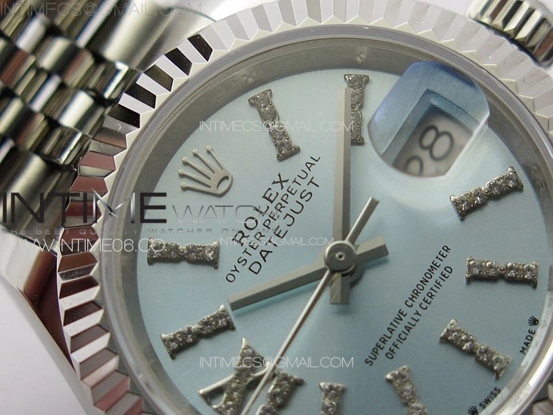 Datejust 28mm 279179 SS APSF Best Edition Ice Blue Dial Sticks Crystals Markers on SS Jubilee Bracelet NH05