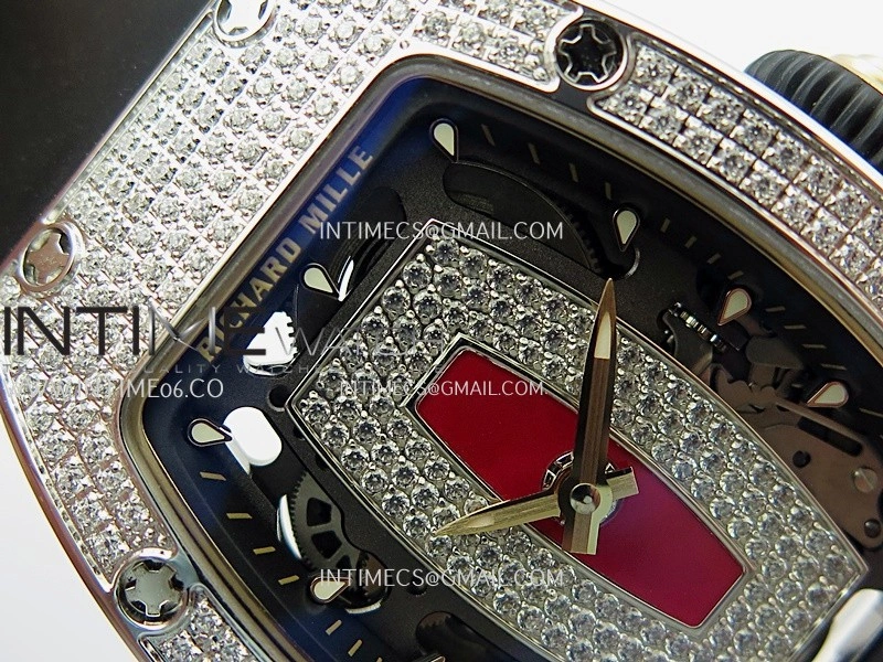 RM07 Full Paved Diamonds SS ZF Best Edition Red Diamond Skeleton Dial On Black Rubber Strap Asian CRMA2 Clone