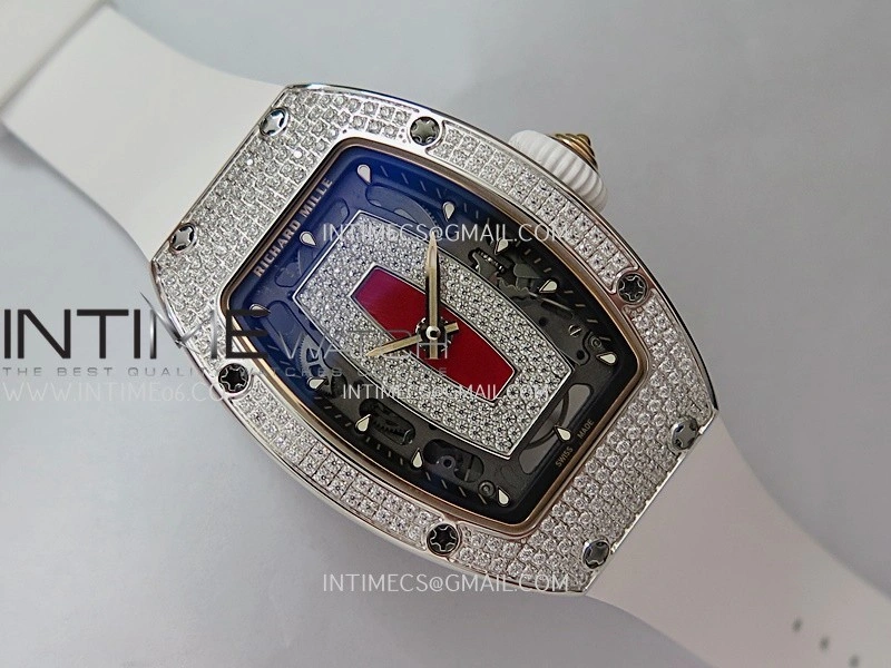 RM07 Full Paved Diamond SS ZF Best Edition Red Diamond Skeleton Dial On White Rubber Strap Asian CRMA2 Clone