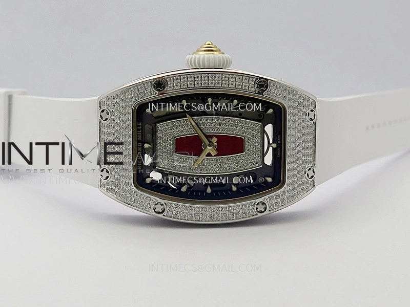 RM07 Full Paved Diamond SS ZF Best Edition Red Diamond Skeleton Dial On White Rubber Strap Asian CRMA2 Clone