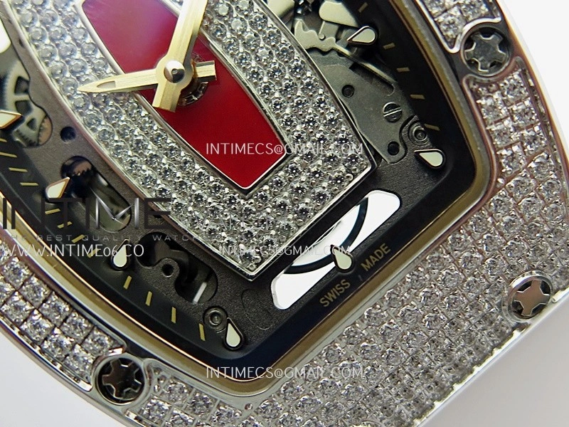 RM07 Full Paved Diamond SS ZF Best Edition Red Diamond Skeleton Dial On White Rubber Strap Asian CRMA2 Clone