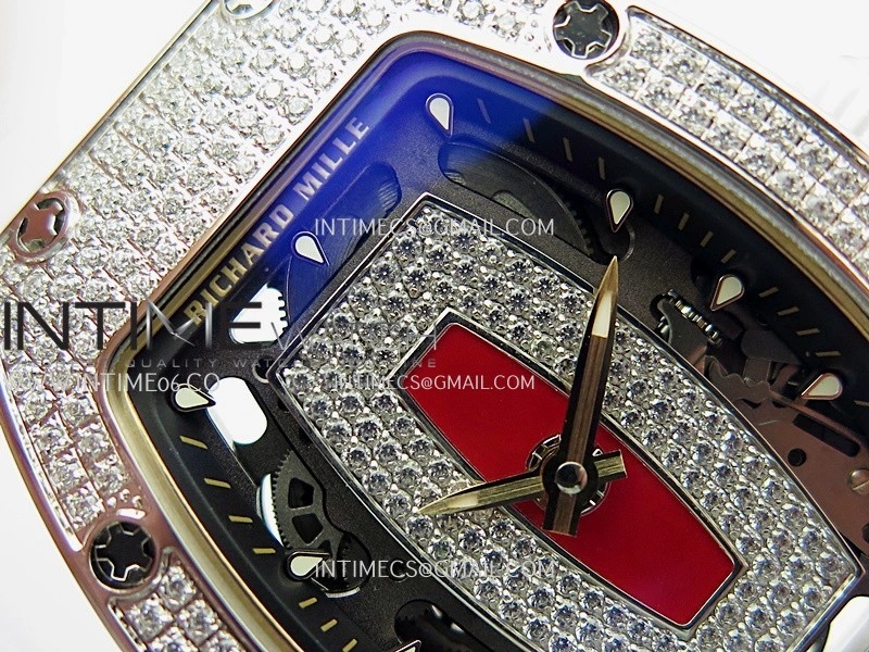 RM07 Full Paved Diamond SS ZF Best Edition Red Diamond Skeleton Dial On White Rubber Strap Asian CRMA2 Clone