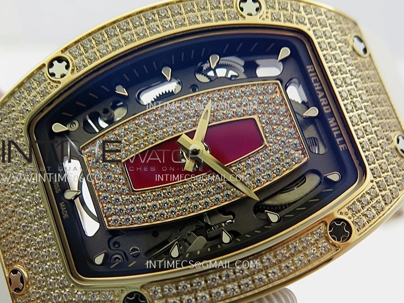 RM07 Full Paved Diamond RG ZF Best Edition Red Diamond Skeleton Dial On White Rubber Strap Asian CRMA2 Clone