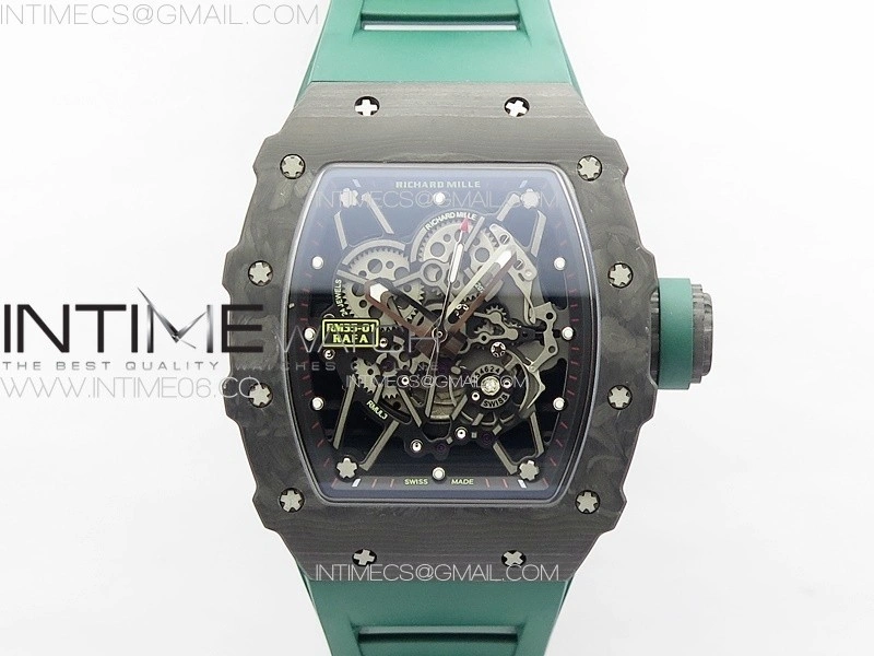 RM035-01 Forged Carbon Case KUF Best Edition Black Crown on Green Rubber Strap MIYOTA8215