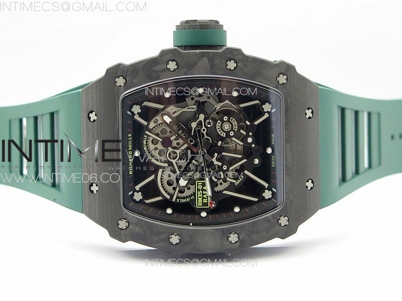 RM035-01 Forged Carbon Case KUF Best Edition Black Crown on Green Rubber Strap MIYOTA8215