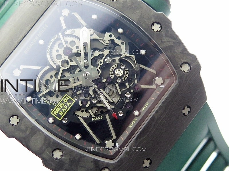 RM035-01 Forged Carbon Case KUF Best Edition Black Crown on Green Rubber Strap MIYOTA8215