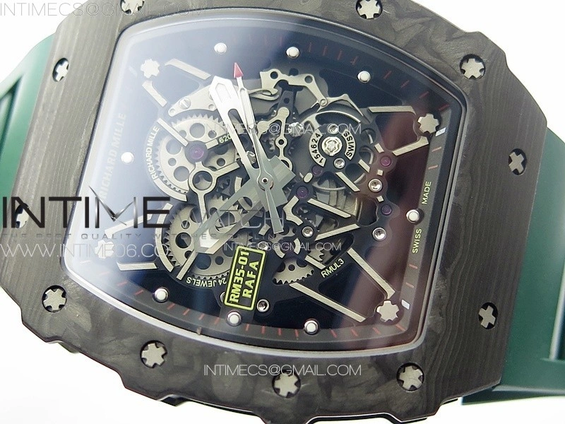 RM035-01 Forged Carbon Case KUF Best Edition Black Crown on Green Rubber Strap MIYOTA8215