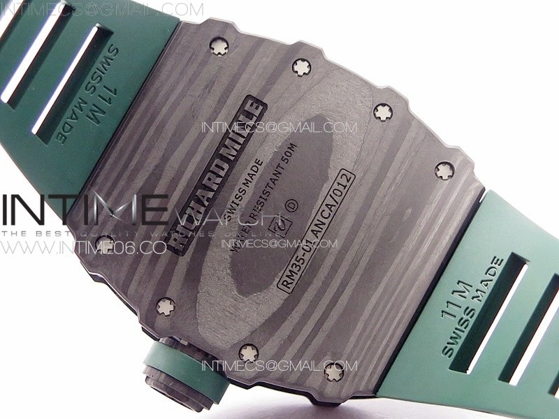 RM035-01 Forged Carbon Case KUF Best Edition Black Crown on Green Rubber Strap MIYOTA8215