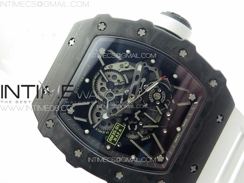RM035-01 Forged Carbon Case KUF Best Edition White Crown on White Rubber Strap MIYOTA8215