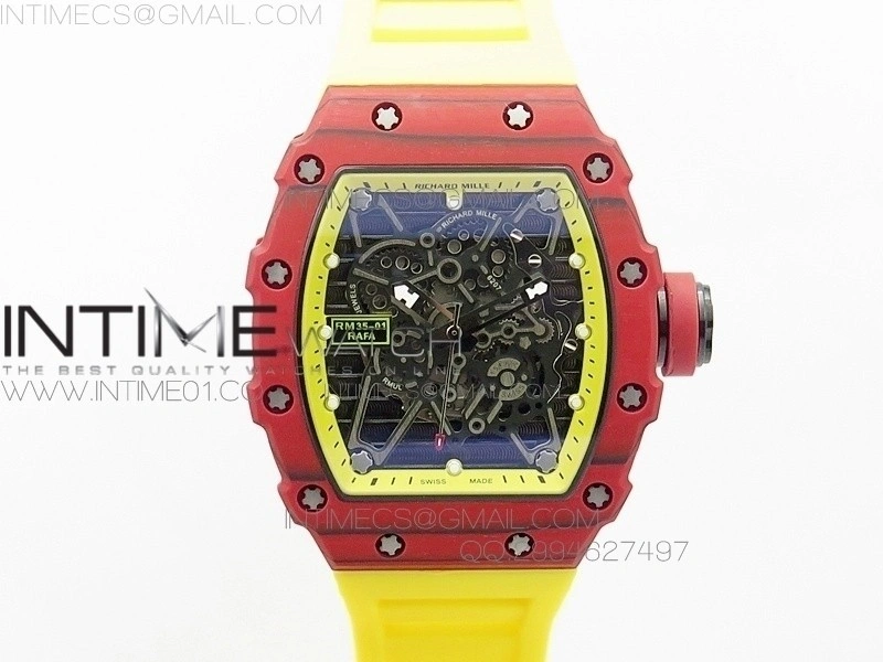 RM 035-2 Red Forged Carbon Yellow Inner Bezel Skeleton Dial on Yellow Rubber Strap MIYOTA9015