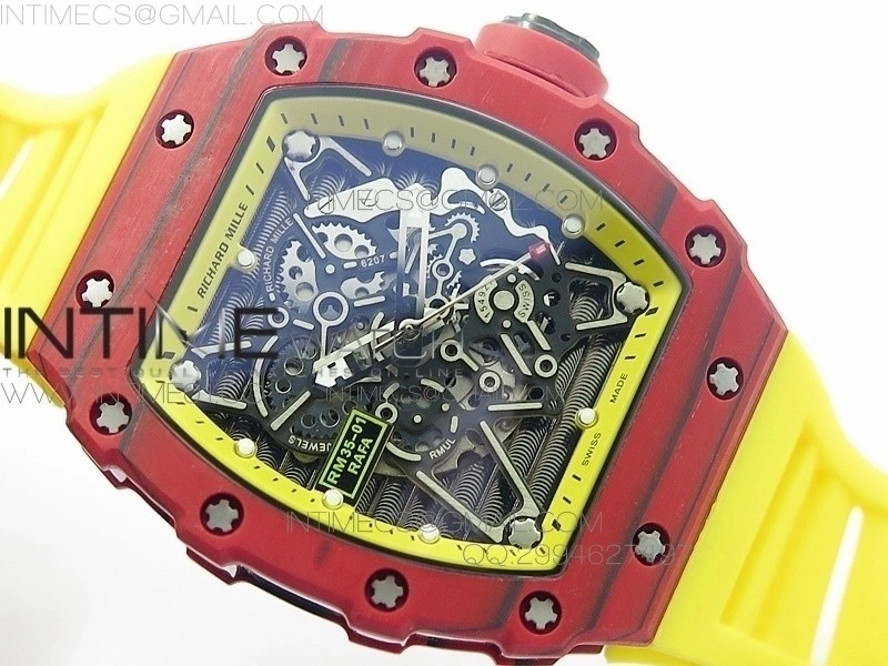 RM 035-2 Red Forged Carbon Yellow Inner Bezel Skeleton Dial on Yellow Rubber Strap MIYOTA9015