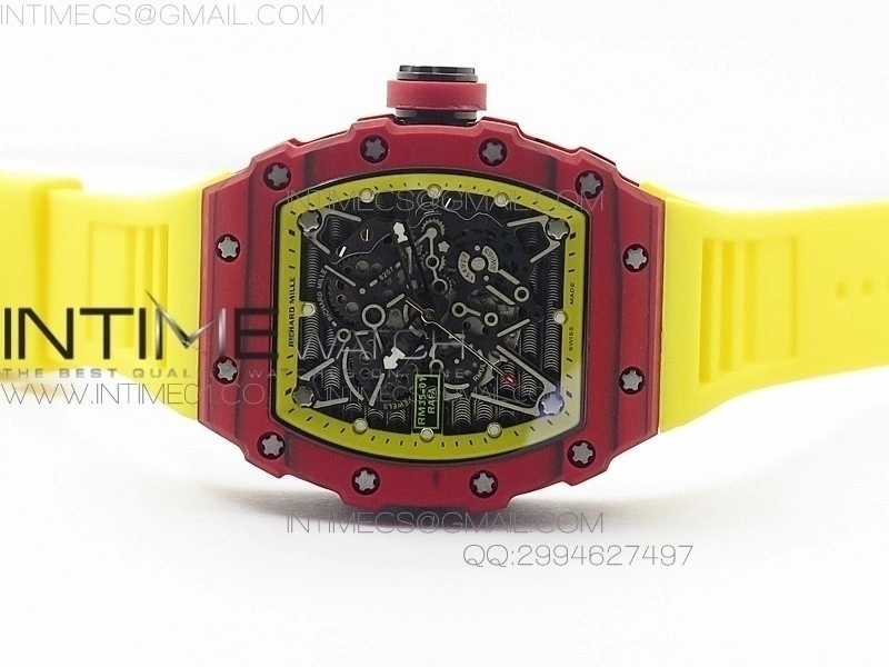 RM 035-2 Red Forged Carbon Yellow Inner Bezel Skeleton Dial on Yellow Rubber Strap MIYOTA9015