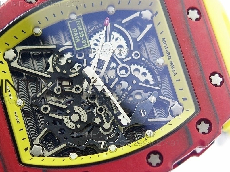 RM 035-2 Red Forged Carbon Yellow Inner Bezel Skeleton Dial on Yellow Rubber Strap MIYOTA9015