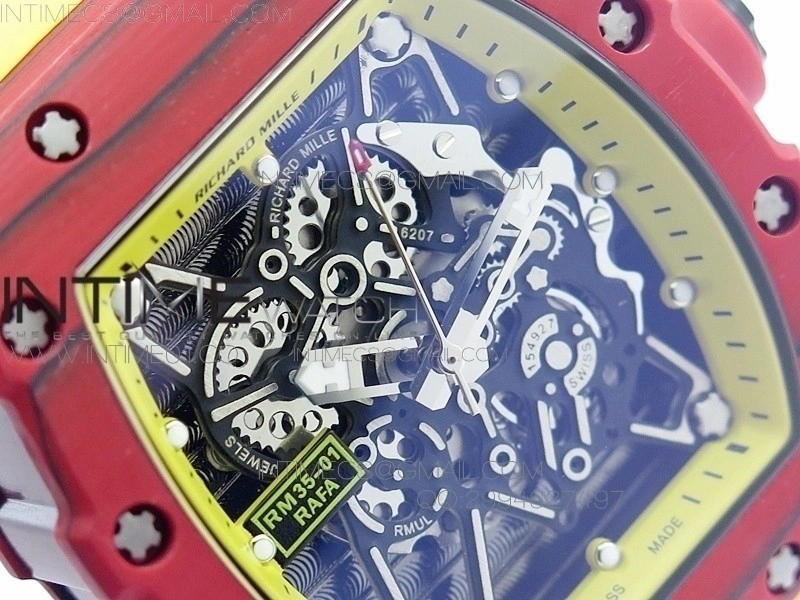 RM 035-2 Red Forged Carbon Yellow Inner Bezel Skeleton Dial on Yellow Rubber Strap MIYOTA9015