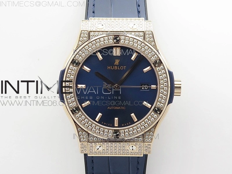 Classic Fusion 42mm RG Paved Diamonds Case Bezel B50F Blue Dial On Blue Gummy Strap A2892
