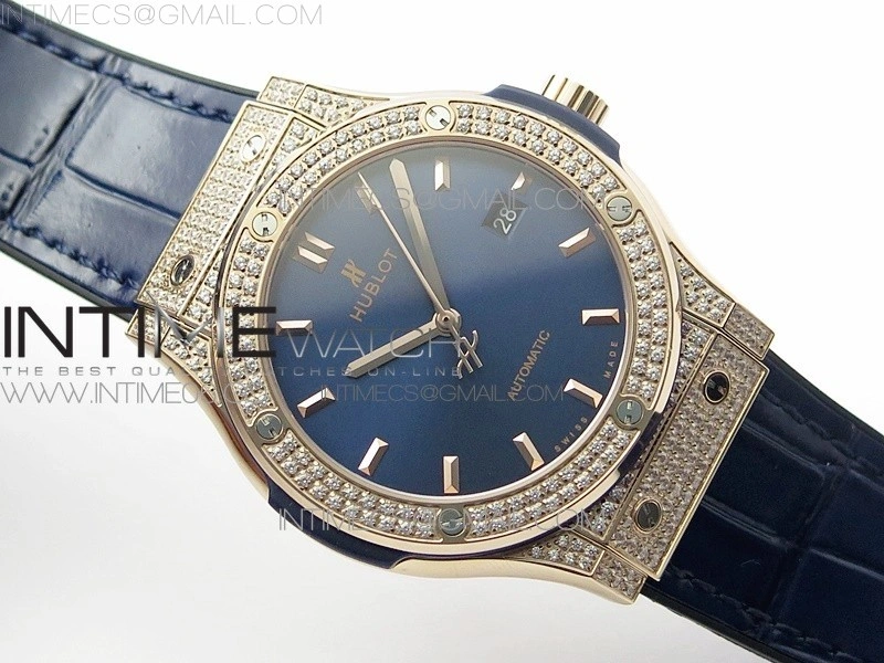 Classic Fusion 42mm RG Paved Diamonds Case Bezel B50F Blue Dial On Blue Gummy Strap A2892