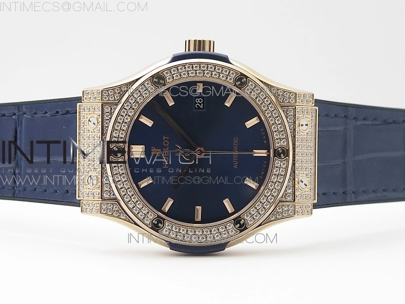 Classic Fusion 42mm RG Paved Diamonds Case Bezel B50F Blue Dial On Blue Gummy Strap A2892
