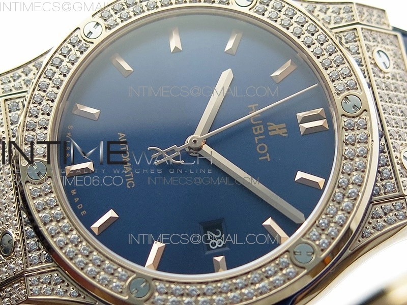 Classic Fusion 42mm RG Paved Diamonds Case Bezel B50F Blue Dial On Blue Gummy Strap A2892