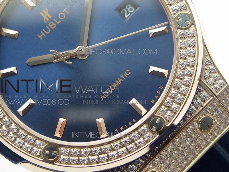 Classic Fusion 42mm RG Paved Diamonds Case Bezel B50F Blue Dial On Blue Gummy Strap A2892