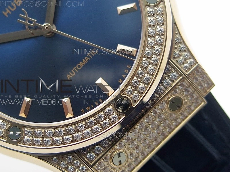 Classic Fusion 42mm RG Paved Diamonds Case Bezel B50F Blue Dial On Blue Gummy Strap A2892