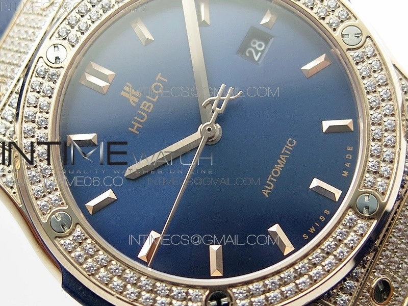 Classic Fusion 42mm RG Paved Diamonds Case Bezel B50F Blue Dial On Blue Gummy Strap A2892