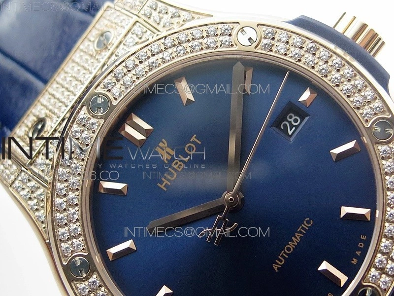 Classic Fusion 42mm RG Paved Diamonds Case Bezel B50F Blue Dial On Blue Gummy Strap A2892