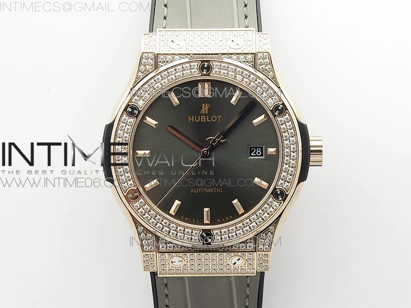 Classic Fusion 42mm RG Paved Diamonds Case Bezel B50F Gray Dial On Gray Gummy Strap A2892