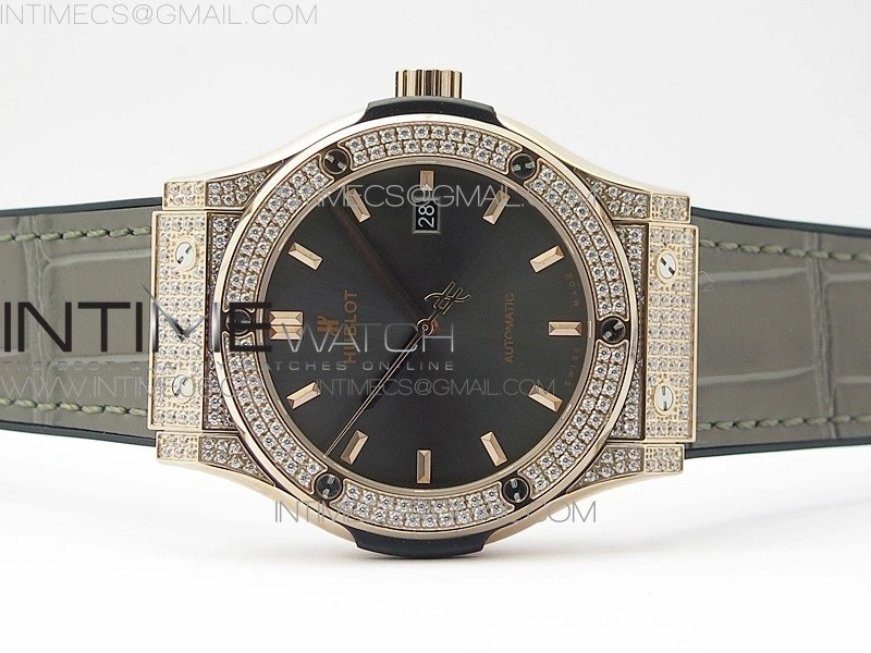 Classic Fusion 42mm RG Paved Diamonds Case Bezel B50F Gray Dial On Gray Gummy Strap A2892
