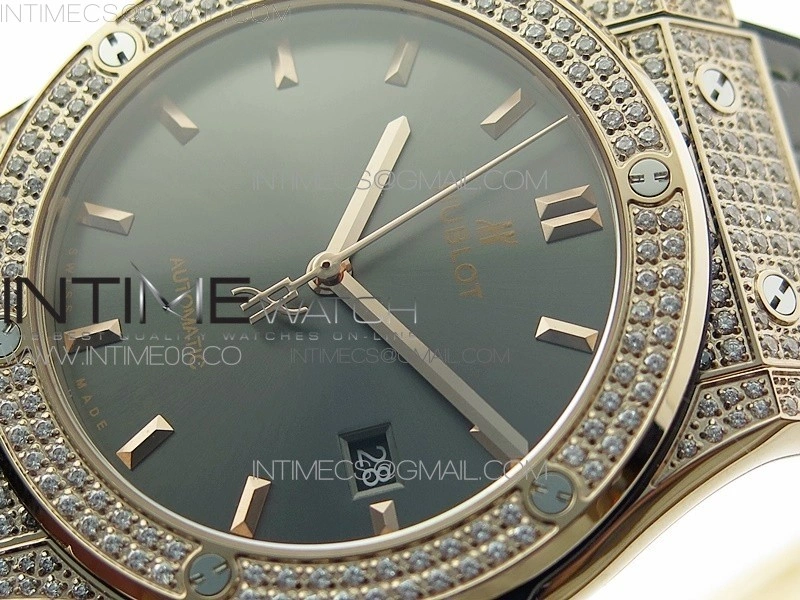 Classic Fusion 42mm RG Paved Diamonds Case Bezel B50F Gray Dial On Gray Gummy Strap A2892