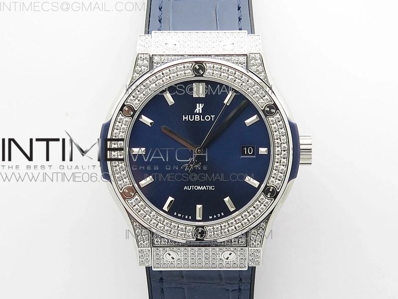 Classic Fusion 42mm SS Paved Diamonds Case Bezel B50F Blue Dial On Blue Gummy Strap A2892