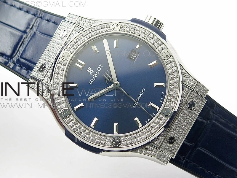 Classic Fusion 42mm SS Paved Diamonds Case Bezel B50F Blue Dial On Blue Gummy Strap A2892