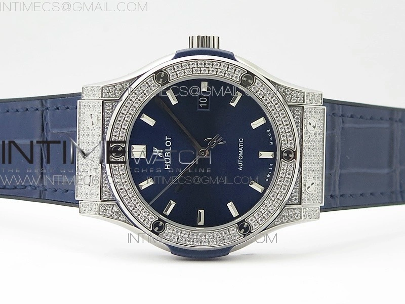 Classic Fusion 42mm SS Paved Diamonds Case Bezel B50F Blue Dial On Blue Gummy Strap A2892