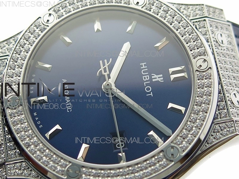 Classic Fusion 42mm SS Paved Diamonds Case Bezel B50F Blue Dial On Blue Gummy Strap A2892