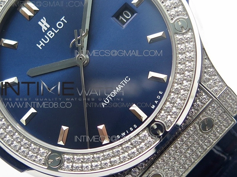 Classic Fusion 42mm SS Paved Diamonds Case Bezel B50F Blue Dial On Blue Gummy Strap A2892