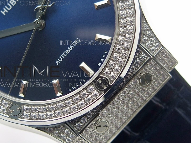 Classic Fusion 42mm SS Paved Diamonds Case Bezel B50F Blue Dial On Blue Gummy Strap A2892