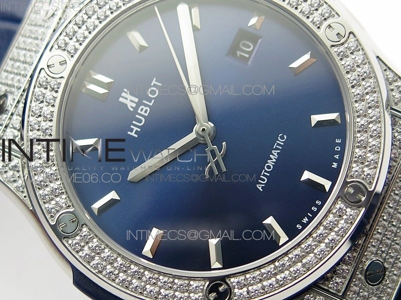 Classic Fusion 42mm SS Paved Diamonds Case Bezel B50F Blue Dial On Blue Gummy Strap A2892