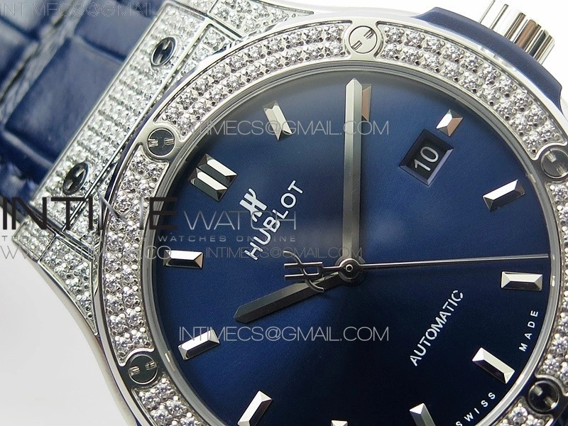 Classic Fusion 42mm SS Paved Diamonds Case Bezel B50F Blue Dial On Blue Gummy Strap A2892