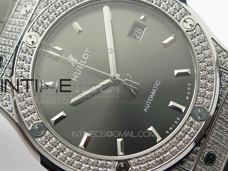Classic Fusion 42mm SS Paved Diamonds Case Bezel B50F Gray Dial On Gray Gummy Strap A2892