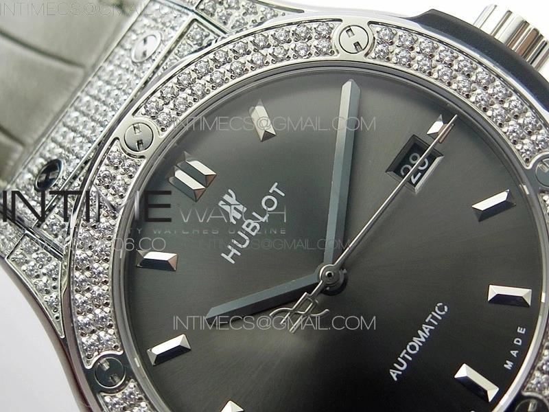 Classic Fusion 42mm SS Paved Diamonds Case Bezel B50F Gray Dial On Gray Gummy Strap A2892