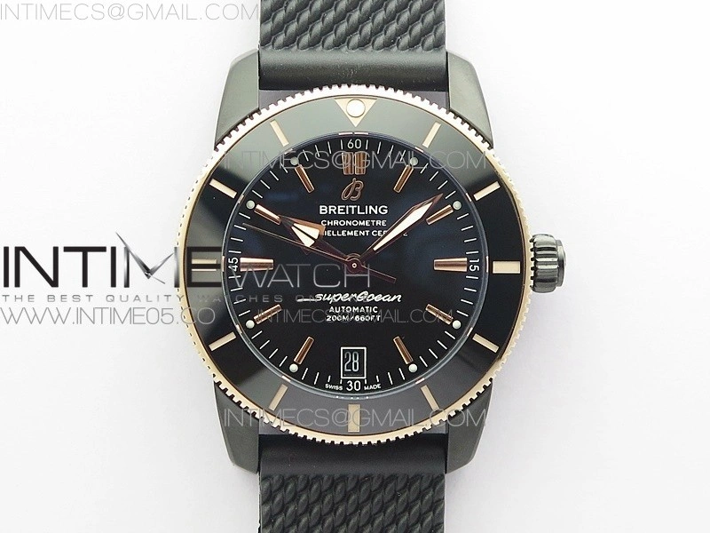 SuperOcean 42mm AB2010 DLC RG B50 1:1 Best Edition Black Dial Black Ceramic Bezel on Black Rubber strap A2824