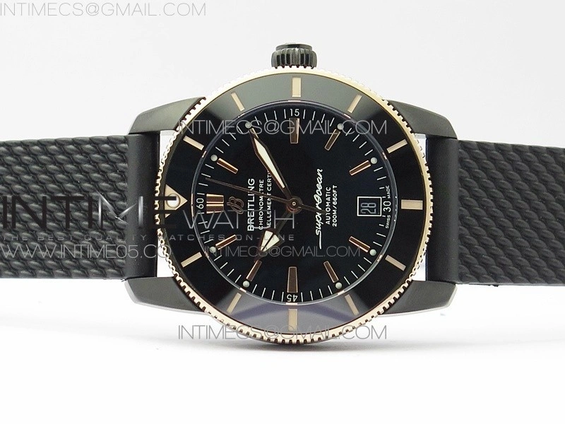SuperOcean 42mm AB2010 DLC RG B50 1:1 Best Edition Black Dial Black Ceramic Bezel on Black Rubber strap A2824