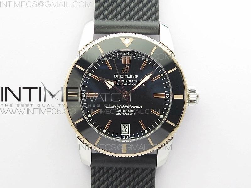 SuperOcean 42mm AB2010 SS RG B50 1:1 Best Edition Black Dial Black Ceramic Bezel on Black Rubber strap A2824