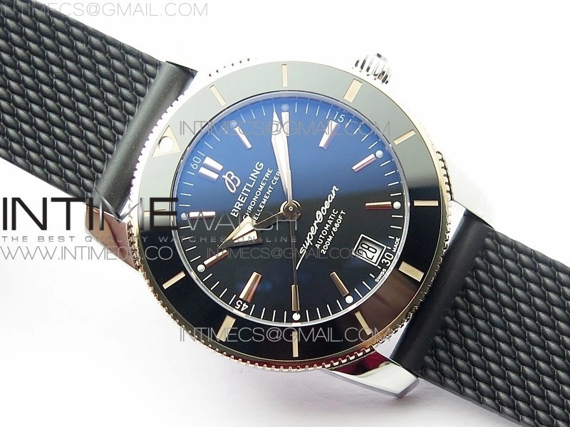 SuperOcean 42mm AB2010 SS RG B50 1:1 Best Edition Black Dial Black Ceramic Bezel on Black Rubber strap A2824