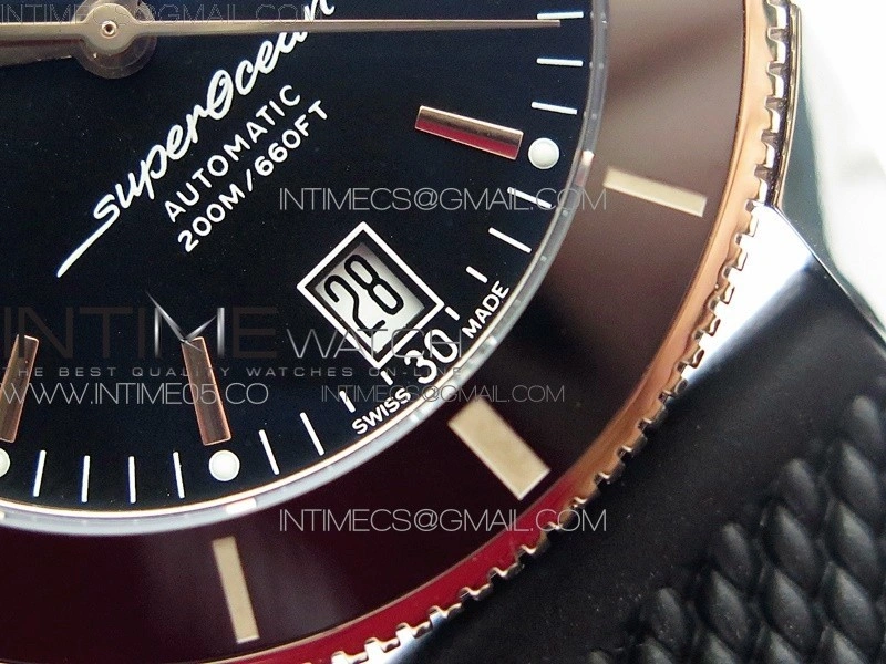 SuperOcean 42mm AB2010 SS RG B50 1:1 Best Edition Black Dial Black Ceramic Bezel on Black Rubber strap A2824