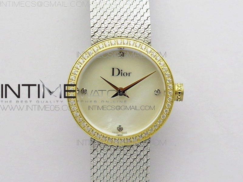La d de dior satine SS YG Crystal Bezel 8848F 1:1 Best Edition White MOP Dial on SS bracelet Swiss Quartz