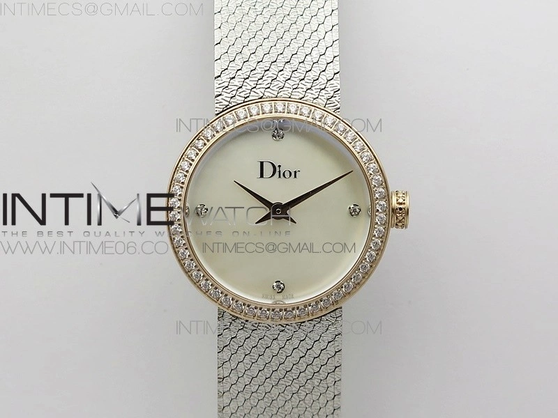 La d de dior satine SS RG Crystal Bezel 8848F 1:1 Best Edition White MOP Dial on SS bracelet Swiss Quartz