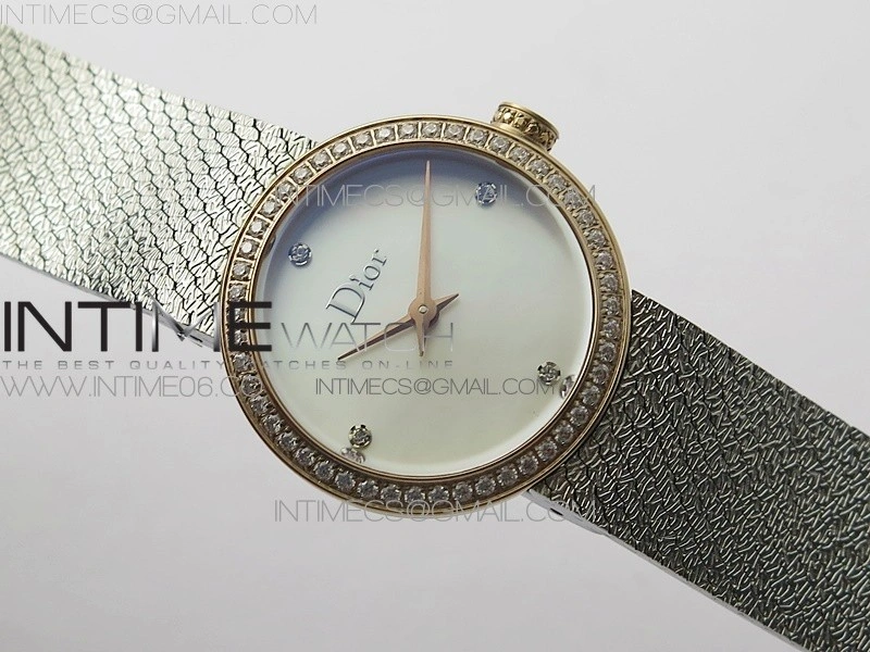 La d de dior satine SS RG Crystal Bezel 8848F 1:1 Best Edition White MOP Dial on SS bracelet Swiss Quartz