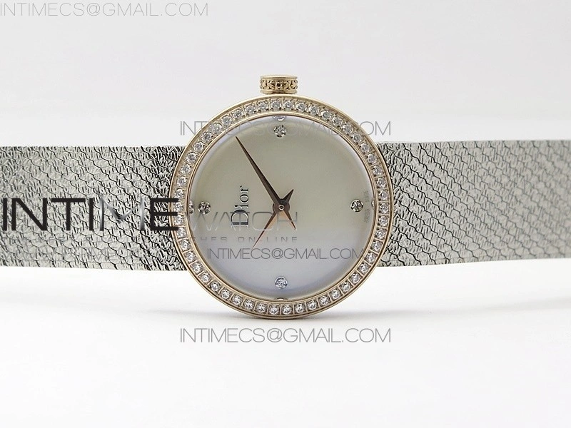 La d de dior satine SS RG Crystal Bezel 8848F 1:1 Best Edition White MOP Dial on SS bracelet Swiss Quartz