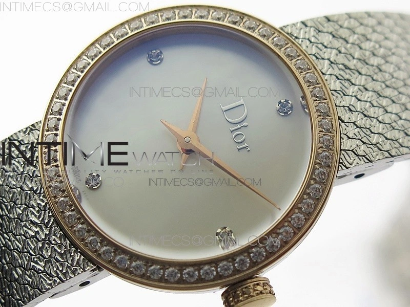 La d de dior satine SS RG Crystal Bezel 8848F 1:1 Best Edition White MOP Dial on SS bracelet Swiss Quartz